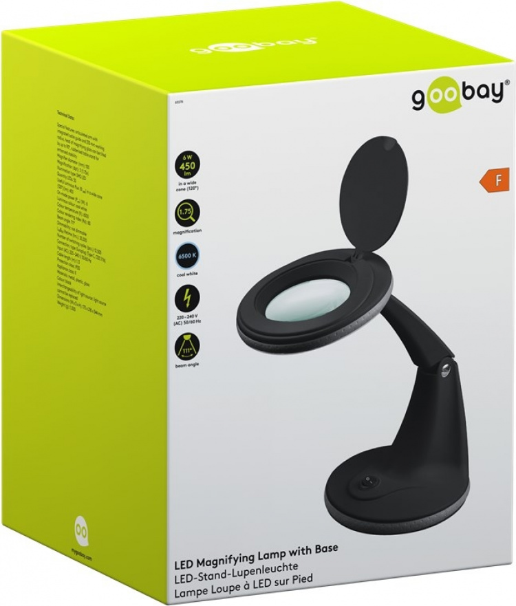 Goobay LED-luplampe med fod, 6 W, sort 450 lm, 100 mm glaslinse, 1,75x forstørrelse, 3 dioptrier