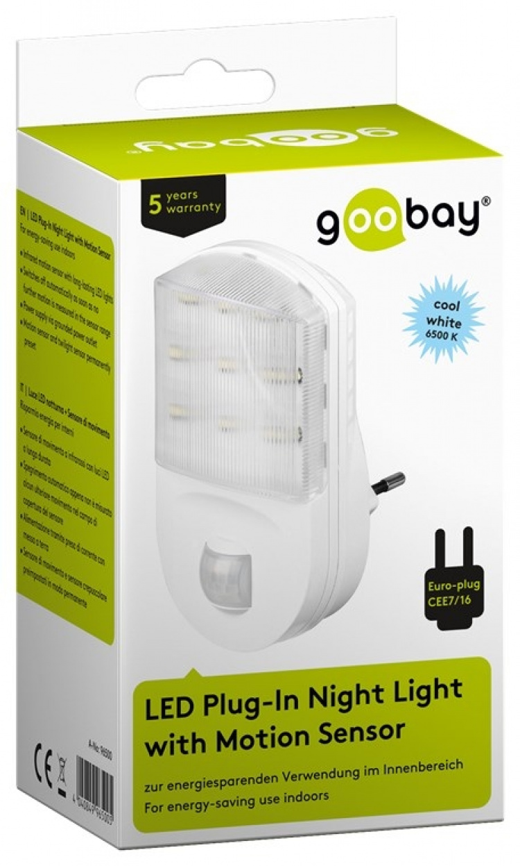 Goobay LED-nattelys med bevægelsesdetektor kold hvid, 120° detektion, 5 m rækkevidde, til indendørs brug (IP20)