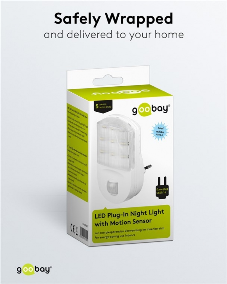 Goobay LED-nattelys med bevægelsesdetektor kold hvid, 120° detektion, 5 m rækkevidde, til indendørs brug (IP20)