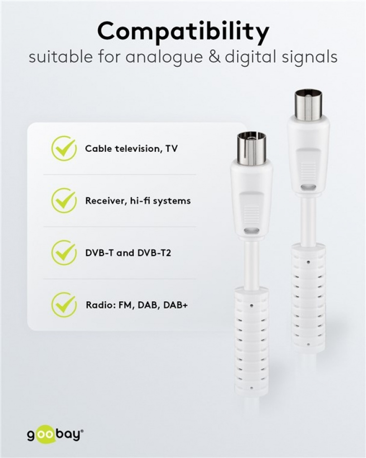 Goobay Antennekabel med ferrit (80 dB), dobbelt afskærmet koaksial-stik > koaksial-hunstik (fuldt afskærmet), 1.5 m Goobay Antennekabel med ferrit (80 dB), dobbelt afskærmet koaksial-stik > koaksial-hunstik (fuldt afskærmet), 1.5 m