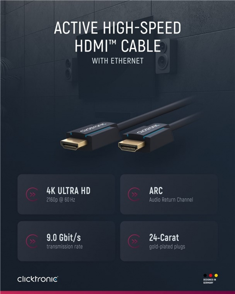 ClickTronic Aktiv Höghastighets HDMI™-kabel med Ethernet Premiumkabel | 1x HDMI™-kontakt >> 1x HDMI™-kontakt | 20,0 m | UHD 4K @ 60 Hz ClickTronic Aktiv Höghastighets HDMI™-kabel med Ethernet Premiumkabel | 1x HDMI™-kontakt >> 1x HDMI™-kontakt | 20,0 m | UHD 4K @ 60 Hz