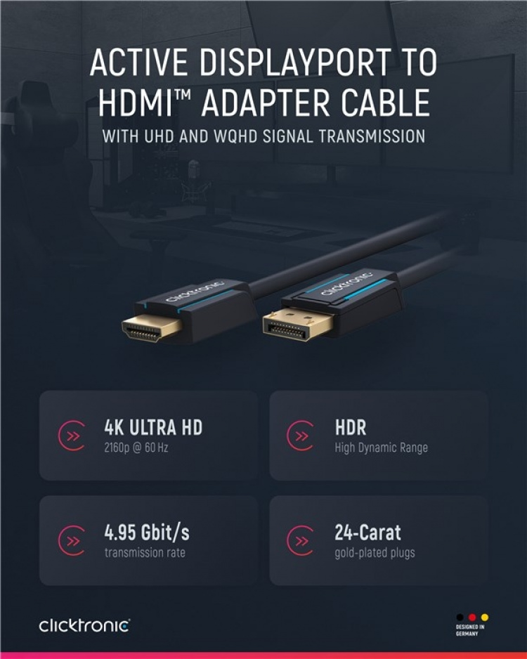 ClickTronic Adapterkabel för aktiv DisplayPort™ till HDMI™ (4K/60Hz) Premiumkabel | 1x DisplayPort™-kontakt >> 1x HDMI™-kontakt | 10,0 m | 4K @ 60 Hz ClickTronic Adapterkabel för aktiv DisplayPort™ till HDMI™ (4K/60Hz) Premiumkabel | 1x DisplayPort™-kontakt >> 1x HDMI™-kontakt | 10,0 m | 4K @ 60 Hz