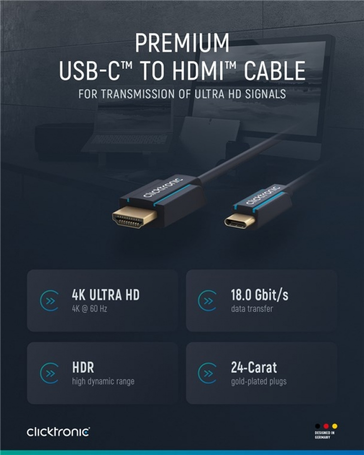 ClickTronic Adapterkabel från USB-C™ till HDMI™ Premiumkabel | USB-C™-kontakt HDMI™-kontakt | 1,0 m | 4K @ 60 Hz
