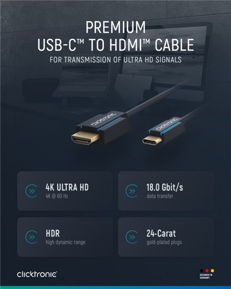 ClickTronic Adapterkabel från USB-C™ till HDMI™ Premiumkabel | USB-C™-kontakt HDMI™-kontakt | 2,0 m | 4K @ 60 Hz ClickTronic Adapterkabel från USB-C™ till HDMI™ Premiumkabel | USB-C™-kontakt HDMI™-kontakt | 2,0 m | 4K @ 60 Hz