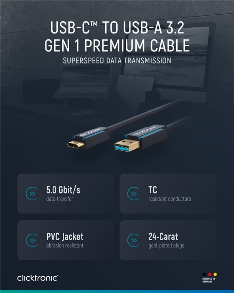 ClickTronic Adapterkabel från USB-C™ till USB-A 3.2 Gen 1 Premiumkabel | USB-C™-kontakt USB-A 3.0-kontakt | 0,5 m | 5 Gbit/s ClickTronic Adapterkabel från USB-C™ till USB-A 3.2 Gen 1 Premiumkabel | USB-C™-kontakt USB-A 3.0-kontakt | 0,5 m | 5 Gbit/s