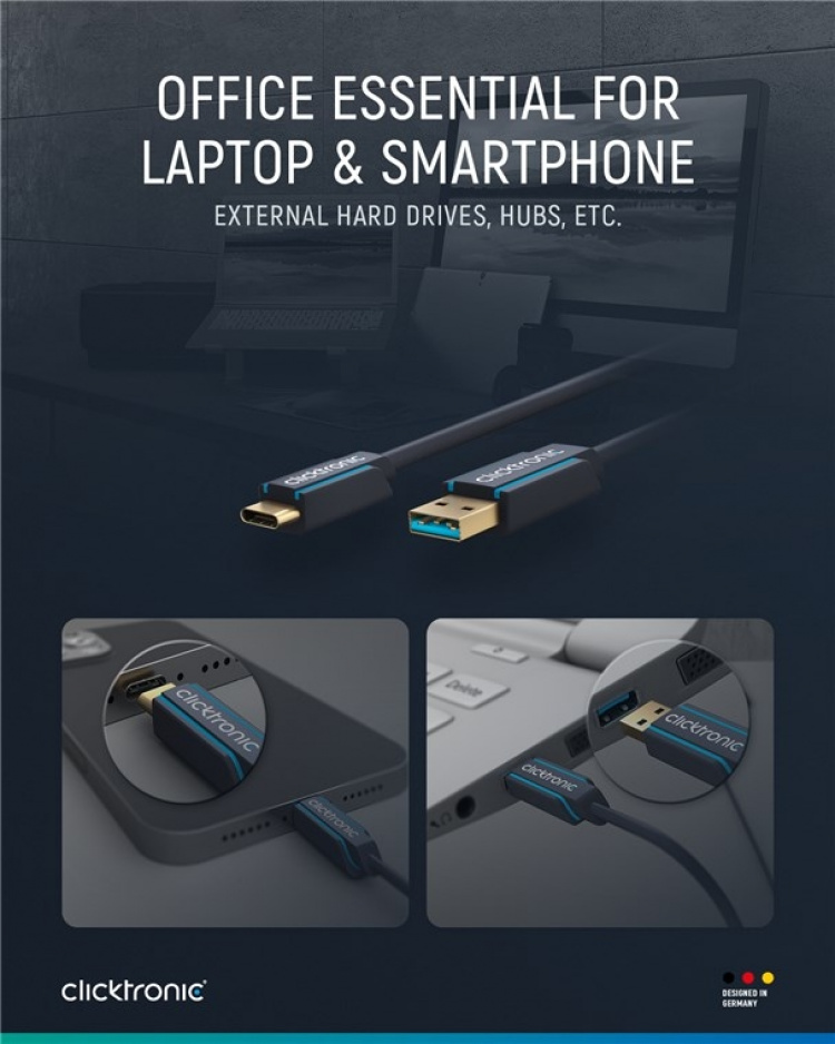 ClickTronic Adapterkabel från USB-C™ till USB-A 3.2 Gen 1 Premiumkabel | USB-C™-kontakt USB-A 3.0-kontakt | 0,5 m | 5 Gbit/s ClickTronic Adapterkabel från USB-C™ till USB-A 3.2 Gen 1 Premiumkabel | USB-C™-kontakt USB-A 3.0-kontakt | 0,5 m | 5 Gbit/s