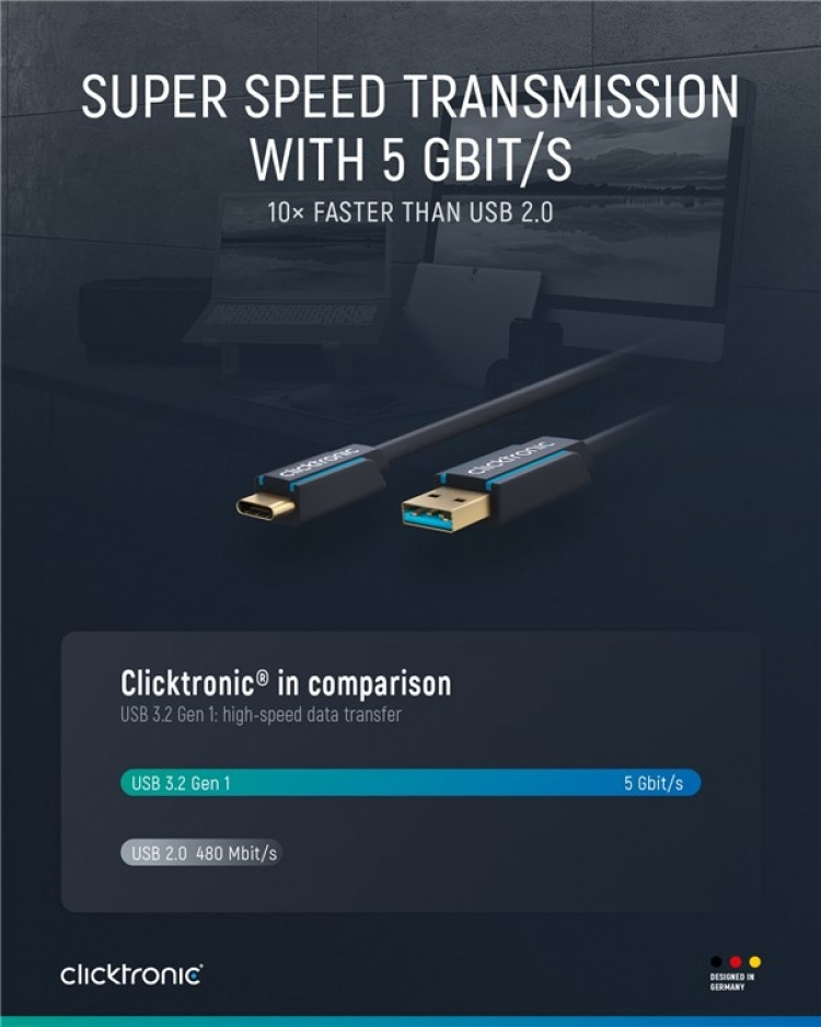 ClickTronic Adapterkabel från USB-C™ till USB-A 3.2 Gen 1 Premiumkabel | USB-C™-kontakt USB-A 3.0-kontakt | 1,0 m | 5 Gbit/s