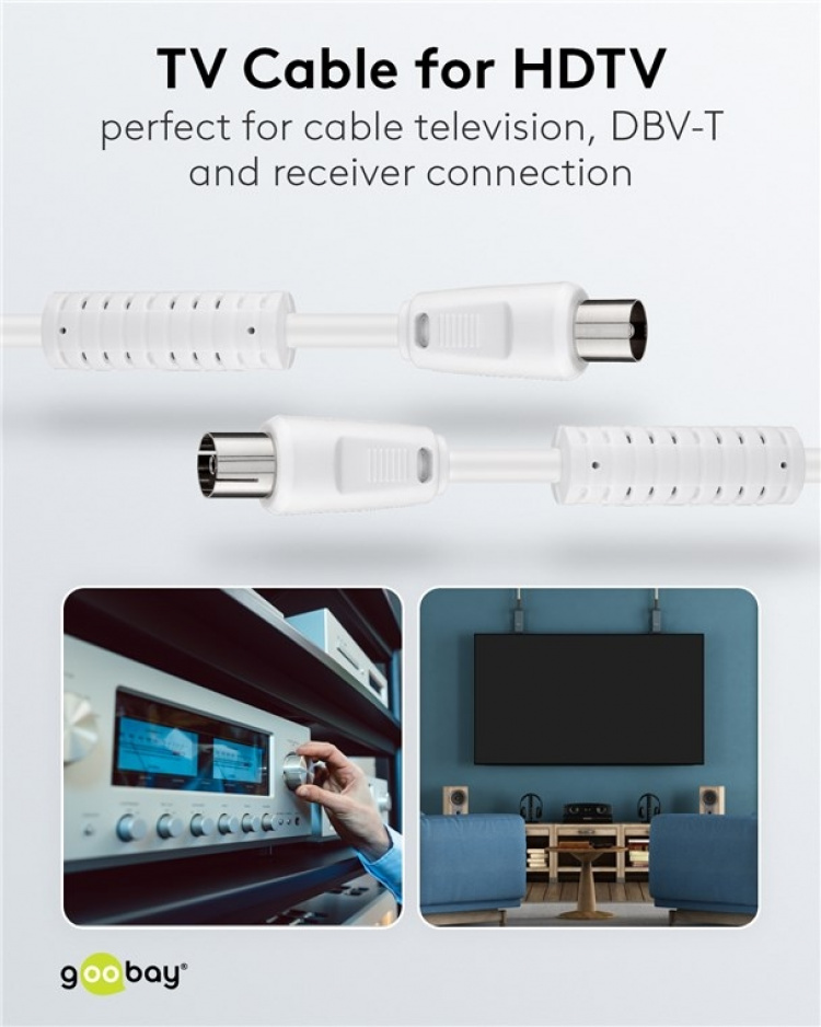 Goobay Antennekabel med ferrit (80 dB), dobbelt afskærmet koaksial-stik > koaksial-hunstik (fuldt afskærmet), 10 m