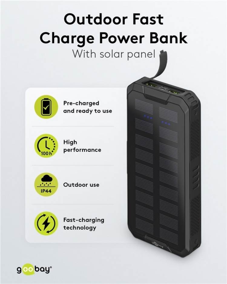 Goobay Udendørs hurtig opladning Powerbank med solcelle 20.000 mAh (USB-C™ PD, QC 3.0) Robust all-round strømforsyning til udendørs brug
