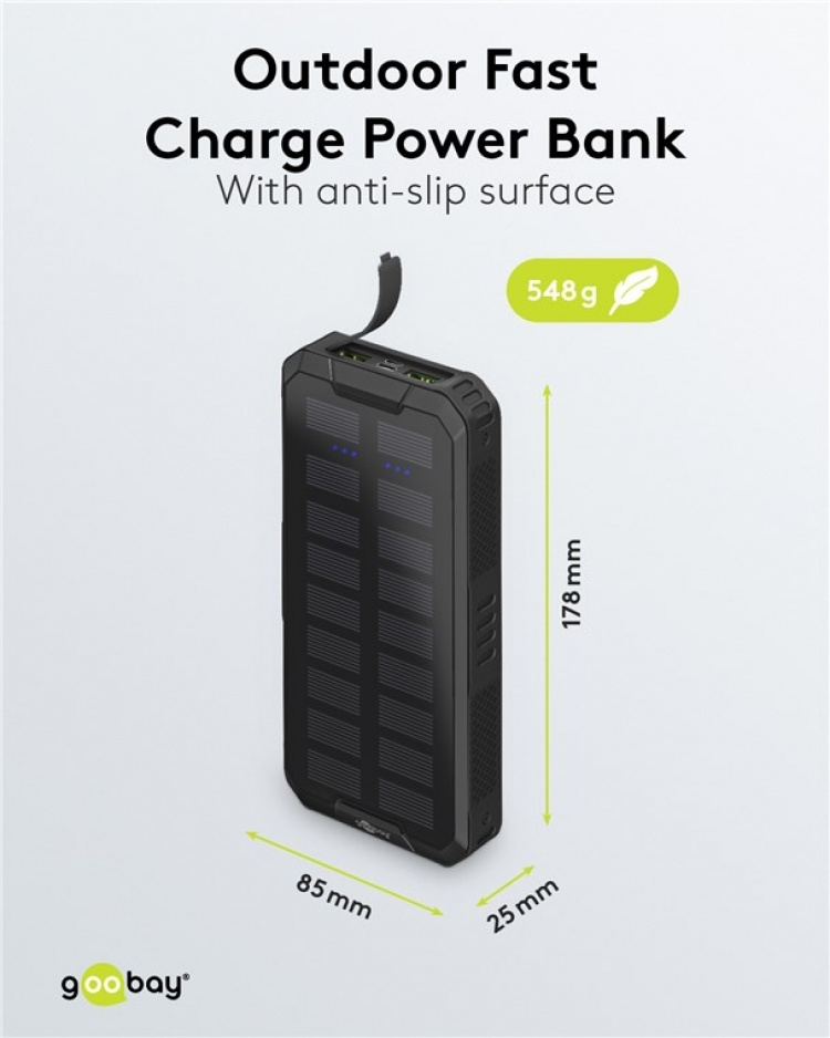 Goobay Udendørs hurtig opladning Powerbank med solcelle 20.000 mAh (USB-C™ PD, QC 3.0) Robust all-round strømforsyning til udendørs brug
