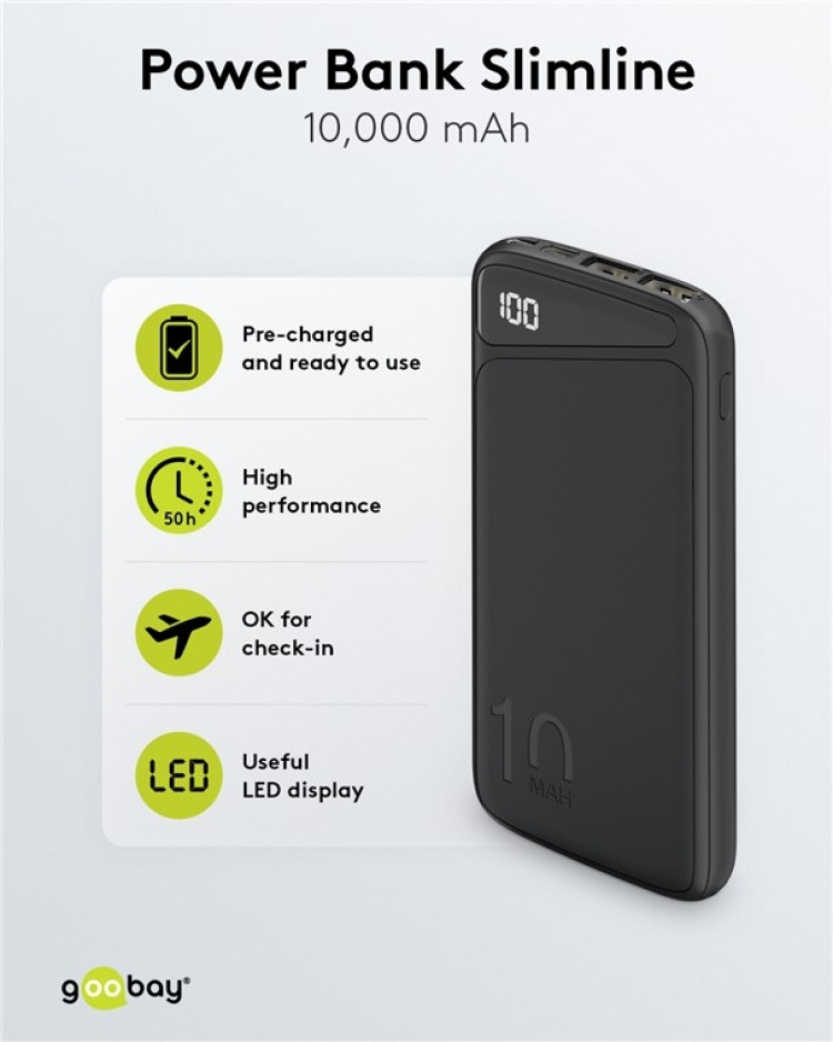 Goobay Powerbank Slimline 10.000 mAh Kraftige 10.000 mAh med statusdisplay