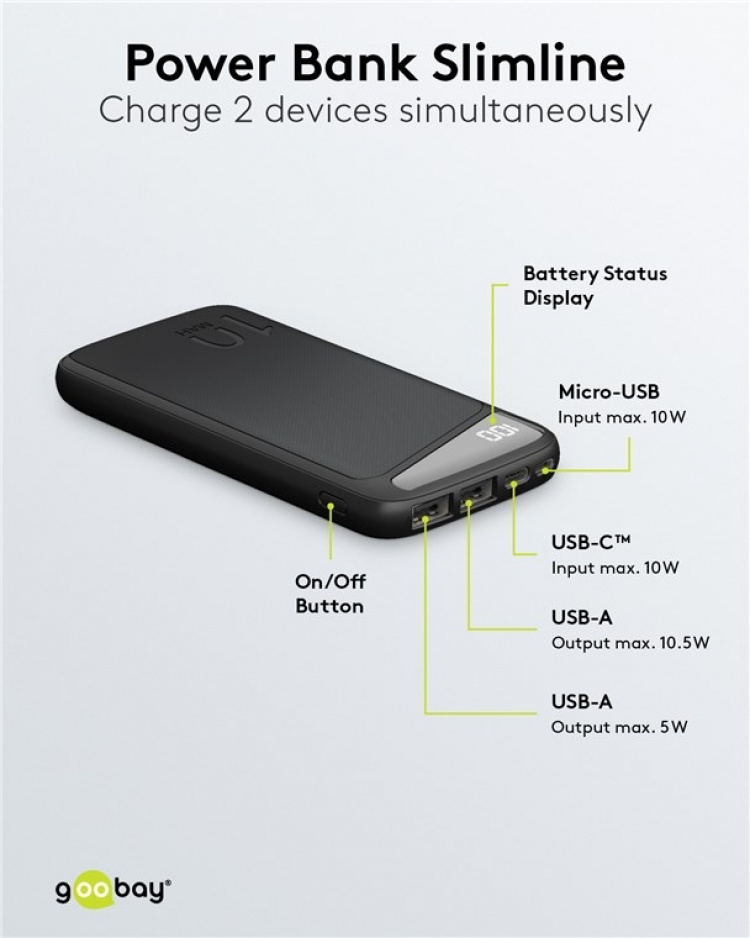 Goobay Powerbank Slimline 10.000 mAh Kraftige 10.000 mAh med statusdisplay