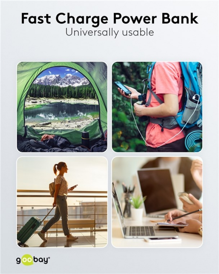 Goobay Hurtig opladning Powerbank 10.000 mAh (USB-C™ PD, QC 3.0) Kraftfuld powerbank med statusdisplay, Quick Charge-kompatibel Goobay Hurtig opladning Powerbank 10.000 mAh (USB-C™ PD, QC 3.0) Kraftfuld powerbank med statusdisplay, Quick Charge-kompatibel
