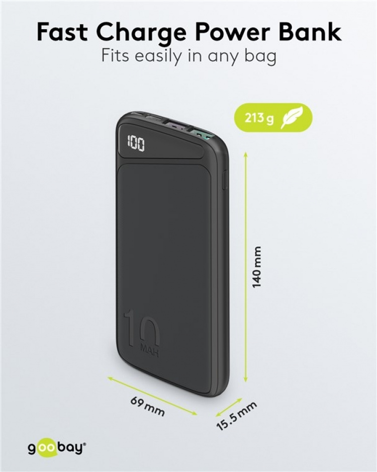 Goobay Hurtig opladning Powerbank 10.000 mAh (USB-C™ PD, QC 3.0) Kraftfuld powerbank med statusdisplay, Quick Charge-kompatibel Goobay Hurtig opladning Powerbank 10.000 mAh (USB-C™ PD, QC 3.0) Kraftfuld powerbank med statusdisplay, Quick Charge-kompatibel