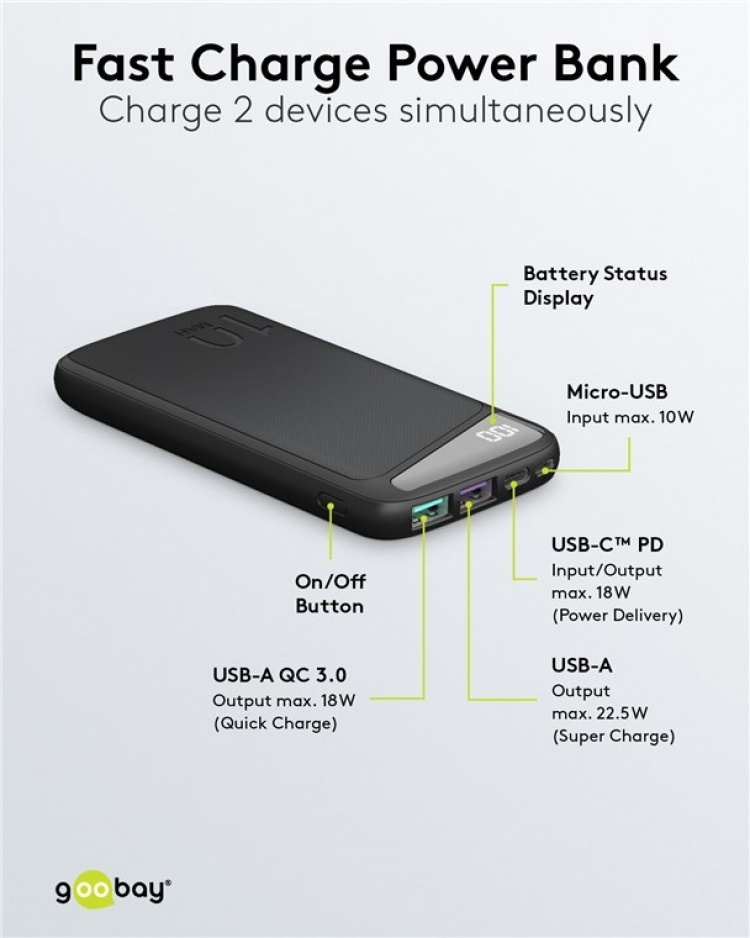 Goobay Hurtig opladning Powerbank 10.000 mAh (USB-C™ PD, QC 3.0) Kraftfuld powerbank med statusdisplay, Quick Charge-kompatibel Goobay Hurtig opladning Powerbank 10.000 mAh (USB-C™ PD, QC 3.0) Kraftfuld powerbank med statusdisplay, Quick Charge-kompatibel