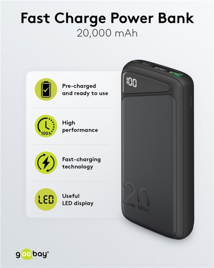 Goobay Hurtig opladning Powerbank 20.000 mAh (USB-C™ PD, QC 3.0) Kraftfuld powerbank med statusdisplay, Quick Charge-kompatibel Goobay Hurtig opladning Powerbank 20.000 mAh (USB-C™ PD, QC 3.0) Kraftfuld powerbank med statusdisplay, Quick Charge-kompatibel
