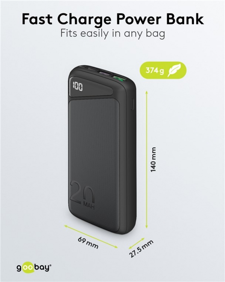 Goobay Hurtig opladning Powerbank 20.000 mAh (USB-C™ PD, QC 3.0) Kraftfuld powerbank med statusdisplay, Quick Charge-kompatibel Goobay Hurtig opladning Powerbank 20.000 mAh (USB-C™ PD, QC 3.0) Kraftfuld powerbank med statusdisplay, Quick Charge-kompatibel