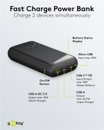 Goobay Hurtig opladning Powerbank 20.000 mAh (USB-C™ PD, QC 3.0) Kraftfuld powerbank med statusdisplay, Quick Charge-kompatibel Goobay Hurtig opladning Powerbank 20.000 mAh (USB-C™ PD, QC 3.0) Kraftfuld powerbank med statusdisplay, Quick Charge-kompatibel