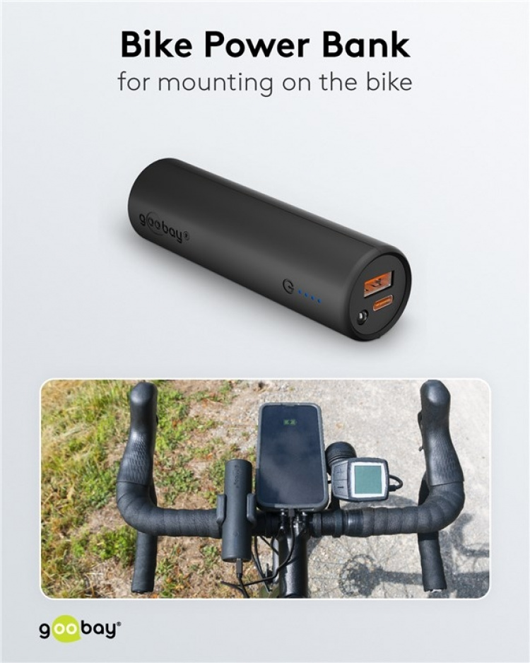 Goobay Bike Powerbank 5.0 (5.000 mAh) lille, tynd og handy bar powerbank med en kapacitet på 5.000 mAh til montering på cyklen