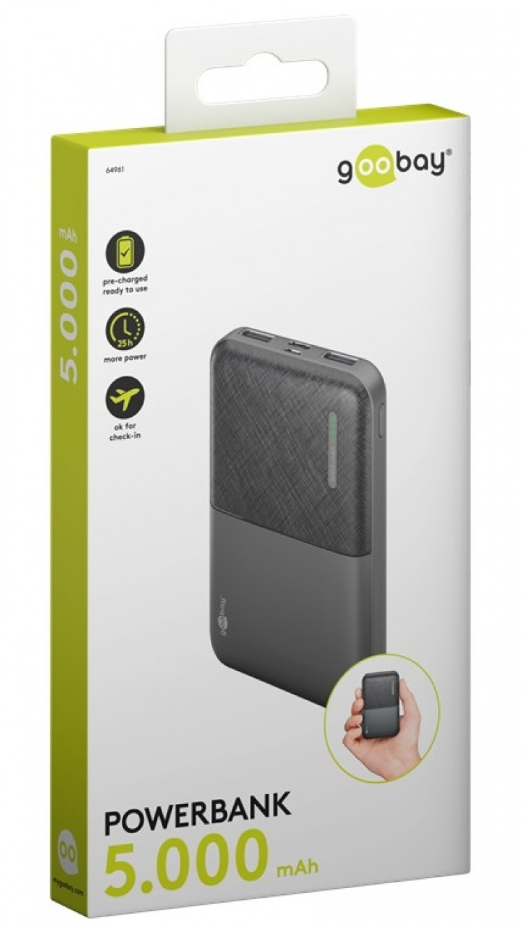 Goobay Powerbank kompakt 5.000 mAh praktisk og pladsbesparende design med 5.000 mAh, perfekt til at rejse Goobay Powerbank kompakt 5.000 mAh praktisk og pladsbesparende design med 5.000 mAh, perfekt til at rejse