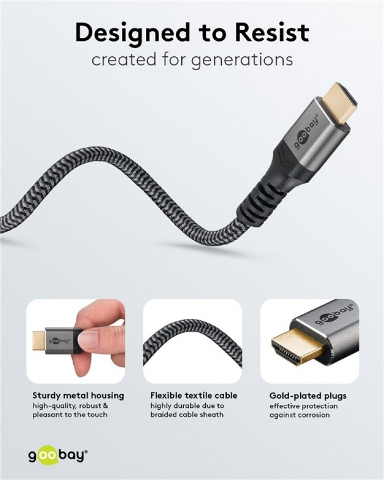 Goobay Højhastigheds HDMI™-kabel med Ethernet, 1 m, Sharkskin Grey HDMI™ stik (type A) > HDMI™ stik (type A) Goobay Højhastigheds HDMI™-kabel med Ethernet, 1 m, Sharkskin Grey HDMI™ stik (type A) > HDMI™ stik (type A)
