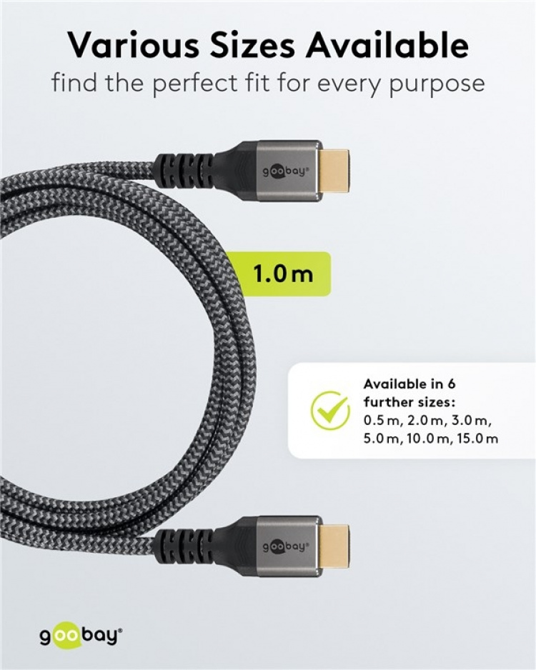 Goobay Højhastigheds HDMI™-kabel med Ethernet, 1 m, Sharkskin Grey HDMI™ stik (type A) > HDMI™ stik (type A) Goobay Højhastigheds HDMI™-kabel med Ethernet, 1 m, Sharkskin Grey HDMI™ stik (type A) > HDMI™ stik (type A)