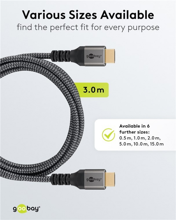 Goobay Højhastigheds HDMI™-kabel med Ethernet, 3 m, Sharkskin Grey HDMI™ stik (type A) > HDMI™ stik (type A)