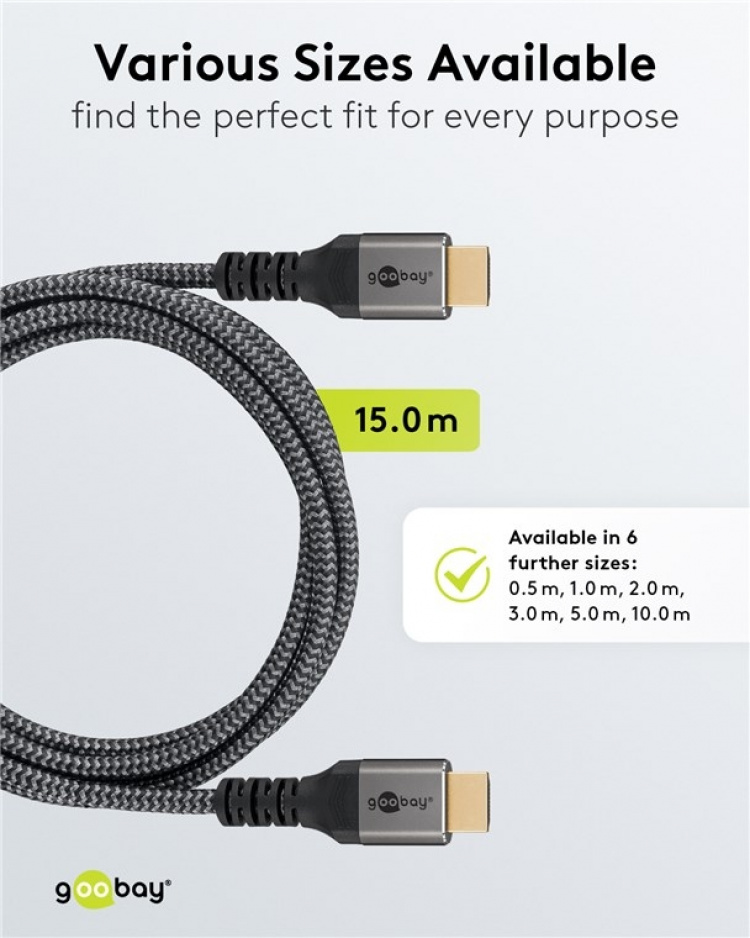 Goobay Højhastigheds HDMI™-kabel med Ethernet, 15 m, Sharkskin Grey HDMI™ stik (type A) > HDMI™ stik (type A) Goobay Højhastigheds HDMI™-kabel med Ethernet, 15 m, Sharkskin Grey HDMI™ stik (type A) > HDMI™ stik (type A)