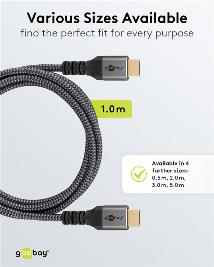 Goobay Ultrahøjhastigheds HDMI™-kabel, 1 m, Sharkskin Grey HDMI™ stik (type A) > HDMI™ stik (type A) Goobay Ultrahøjhastigheds HDMI™-kabel, 1 m, Sharkskin Grey HDMI™ stik (type A) > HDMI™ stik (type A)