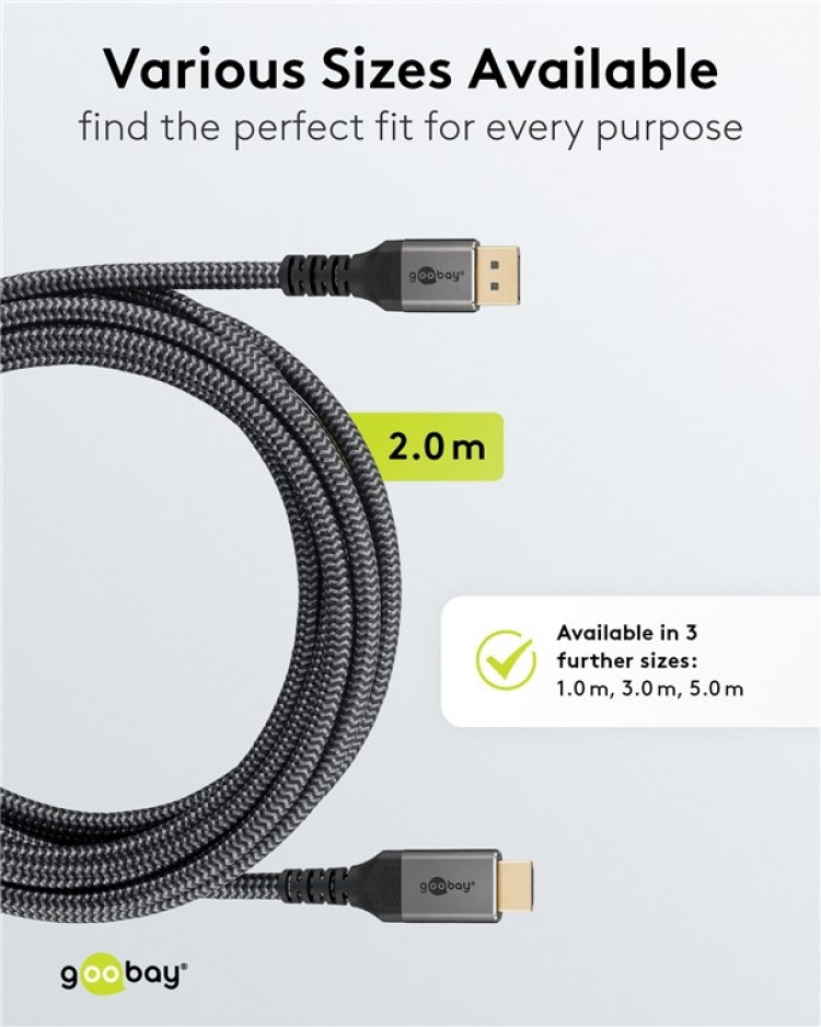 Goobay DisplayPort™ til HDMI™-kabel, 2 m, Sharkskin Grey DisplayPort™ stik > HDMI™ stik (type A) Goobay DisplayPort™ til HDMI™-kabel, 2 m, Sharkskin Grey DisplayPort™ stik > HDMI™ stik (type A)