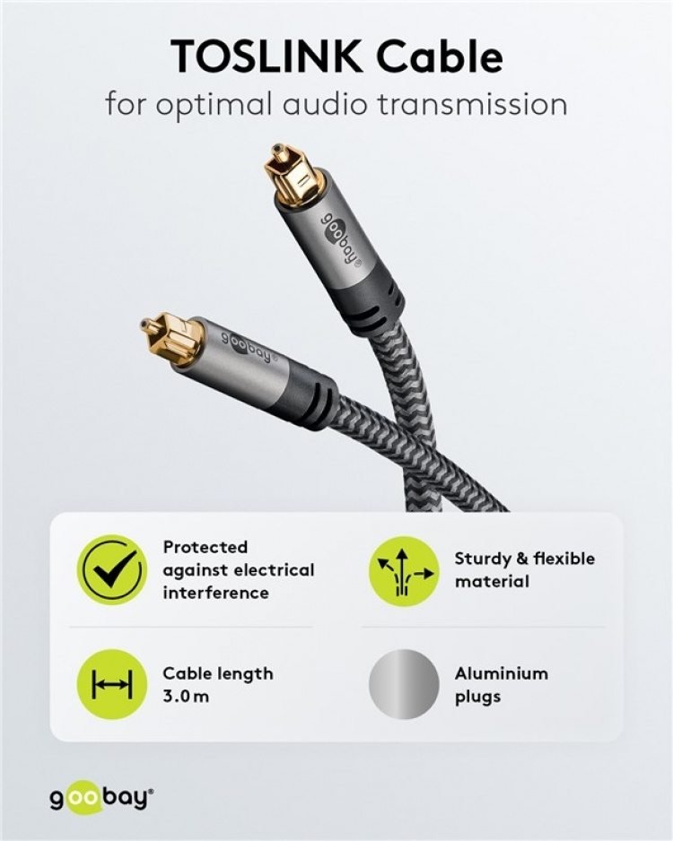 Goobay TOSLINK-kabel, 3 m, Sharkskin Grey Toslink-hanstik > Toslink-hanstik