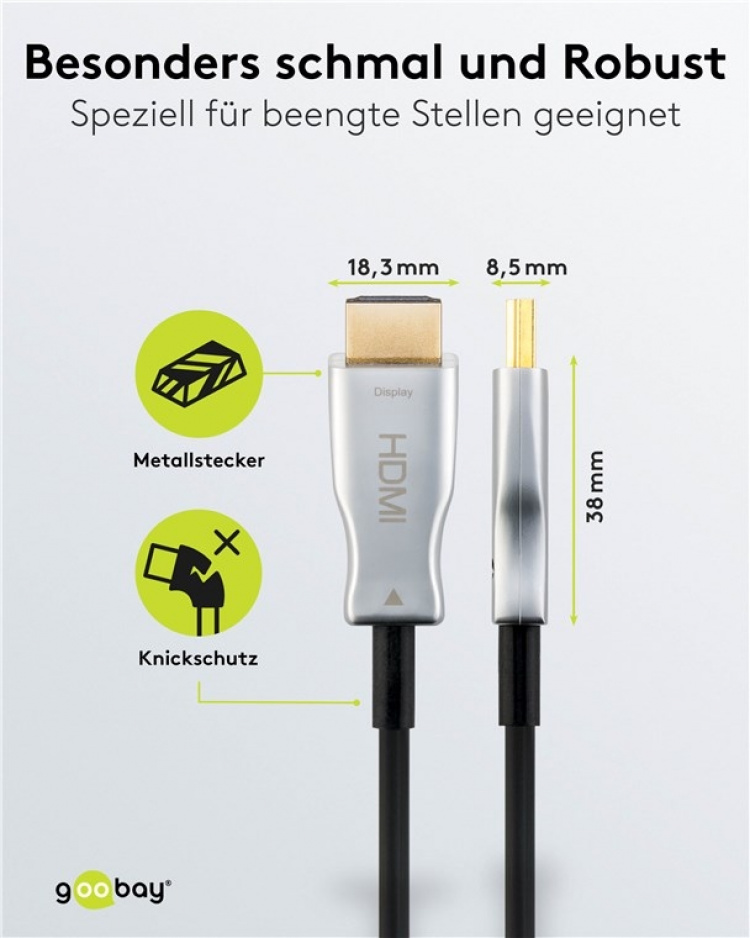 Goobay Optisk hybrid højhastigheds HDMI™-kabel med Ethernet (AOC) Højhastighedskabel, 4K @ 60 Hz, til lange transmissionsafstande, 10 m