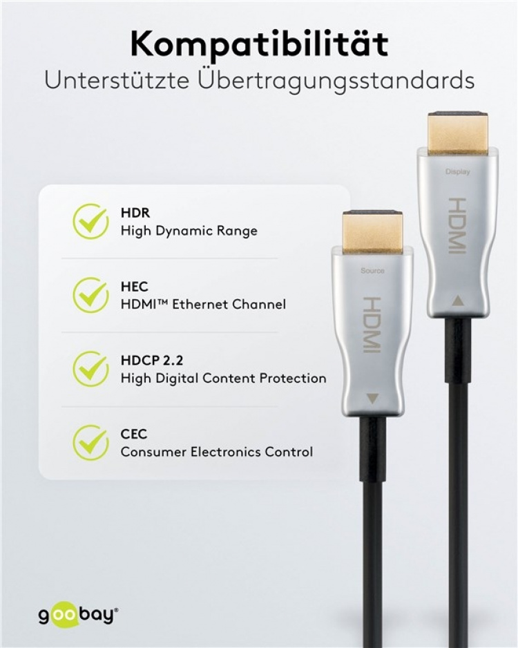 Goobay Optisk hybrid højhastigheds HDMI™-kabel med Ethernet (AOC) Højhastighedskabel, 4K @ 60 Hz, til lange transmissionsafstande, 30 m Goobay Optisk hybrid højhastigheds HDMI™-kabel med Ethernet (AOC) Højhastighedskabel, 4K @ 60 Hz, til lange transmissionsafstande, 30 m