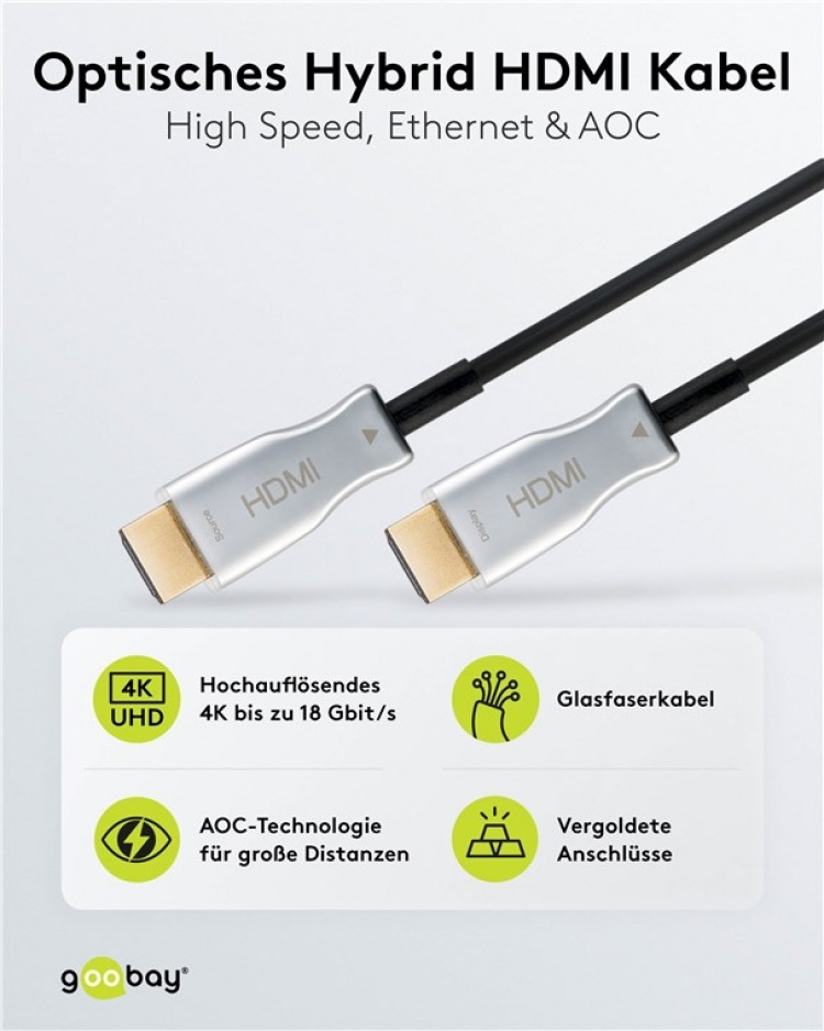 Goobay Optisk hybrid højhastigheds HDMI™-kabel med Ethernet (AOC) Højhastighedskabel, 4K @ 60 Hz, til lange transmissionsafstande, 50 m Goobay Optisk hybrid højhastigheds HDMI™-kabel med Ethernet (AOC) Højhastighedskabel, 4K @ 60 Hz, til lange transmissionsafstande, 50 m