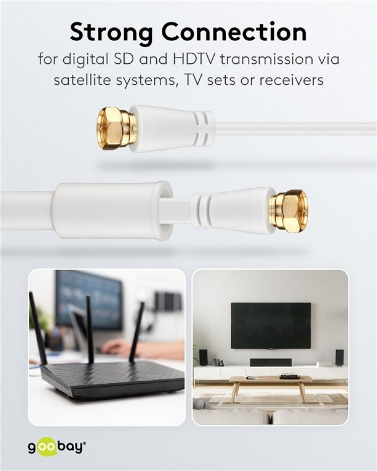 Goobay Fladt SAT-antennekabel (80 dB), dobbelt afskærmet, vejrbeskyttet guldbelagt, F-stik > F-stik (fuldt afskærmet), 10 m