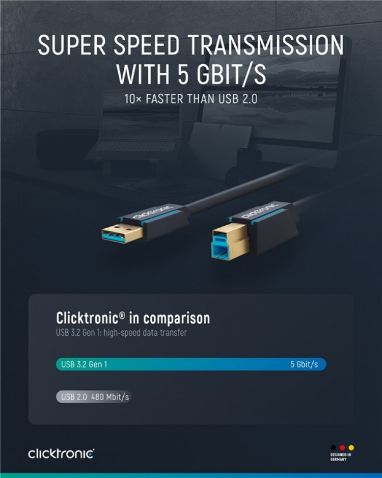 ClickTronic Adapterkabel från USB-A till USB-B 3.0 Premiumkabel | USB A-kontakt USB B 3.0-kontakt | 1,8 m | 5 Gbit/s ClickTronic Adapterkabel från USB-A till USB-B 3.0 Premiumkabel | USB A-kontakt USB B 3.0-kontakt | 1,8 m | 5 Gbit/s