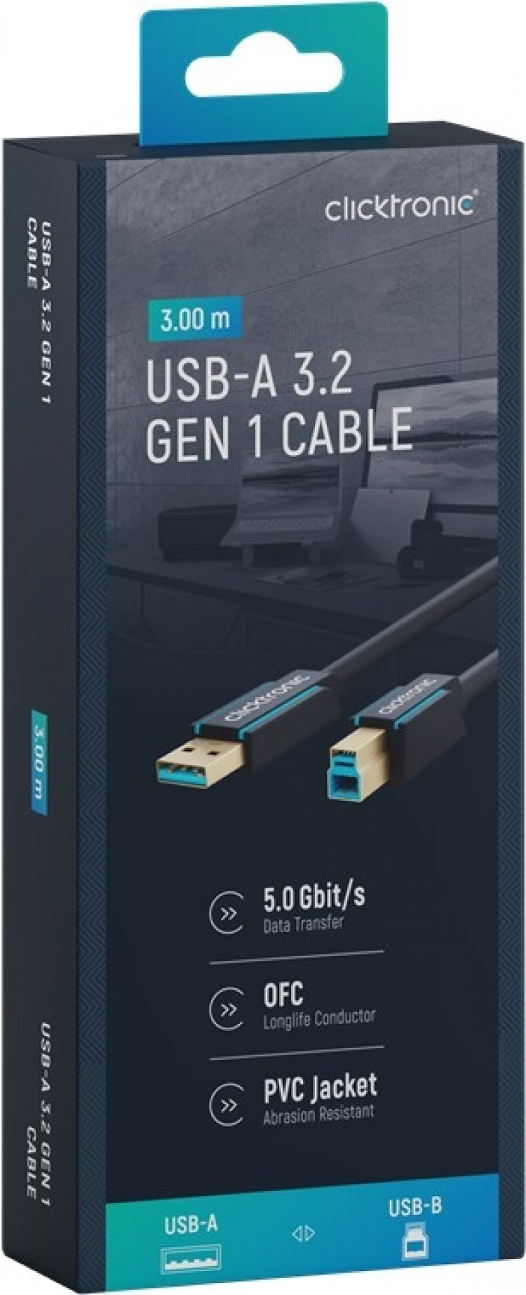 ClickTronic Adapterkabel från USB-A till USB-B 3.0 Premiumkabel | USB A-kontakt USB B 3.0-kontakt | 3,0 m | 5 Gbit/s ClickTronic Adapterkabel från USB-A till USB-B 3.0 Premiumkabel | USB A-kontakt USB B 3.0-kontakt | 3,0 m | 5 Gbit/s