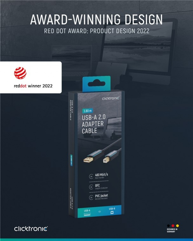 ClickTronic Adapterkabel från USB-A till USB-B 2.0 Premiumkabel | USB A-kontakt USB B 2.0-kontakt | 1,8 m | 480 Mbit/s ClickTronic Adapterkabel från USB-A till USB-B 2.0 Premiumkabel | USB A-kontakt USB B 2.0-kontakt | 1,8 m | 480 Mbit/s