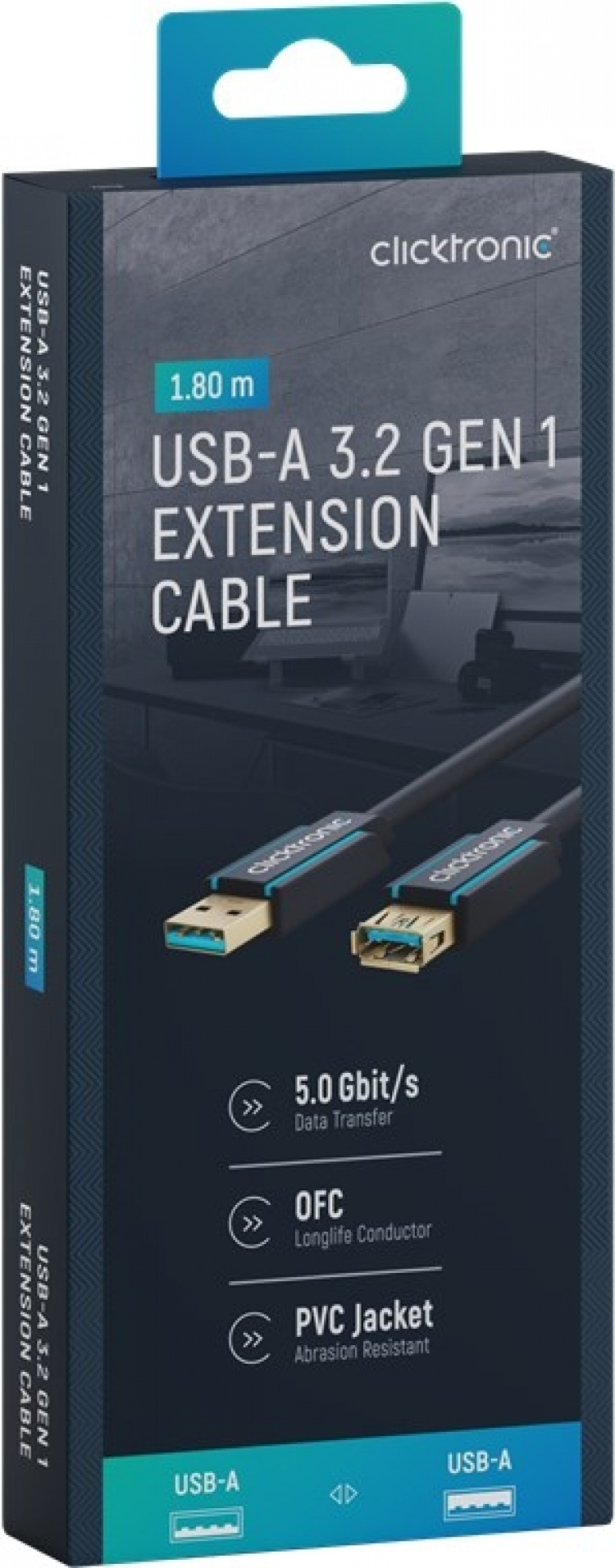 ClickTronic Förlängningskabel USB-A Premiumkabel | USB A hane USB A hona | 1,8 m | 5 Gbit/s