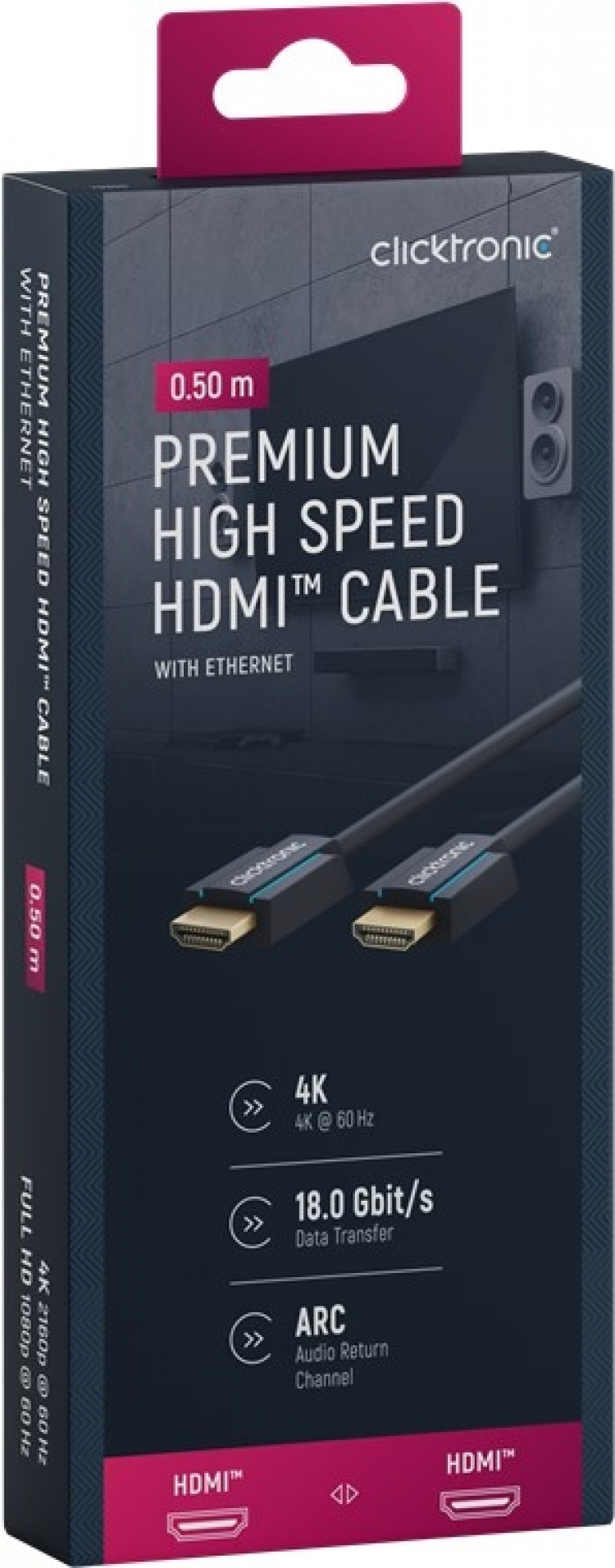 ClickTronic Premium Højhastigheds HDMI™-kabel med Ethernet Premium-kabel | 1x HDMI™-stik 1x HDMI™-stik | 0,5 m | UHD 4K @ 60 Hz ClickTronic Premium Højhastigheds HDMI™-kabel med Ethernet Premium-kabel | 1x HDMI™-stik 1x HDMI™-stik | 0,5 m | UHD 4K @ 60 Hz