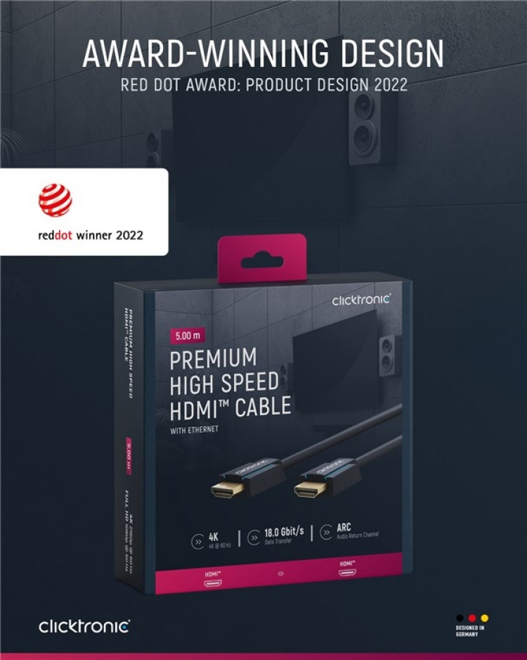 ClickTronic Premium Højhastigheds HDMI™-kabel med Ethernet Premium-kabel | 1x HDMI™-stik 1x HDMI™-stik | 5,0 m | UHD 4K @ 60 Hz