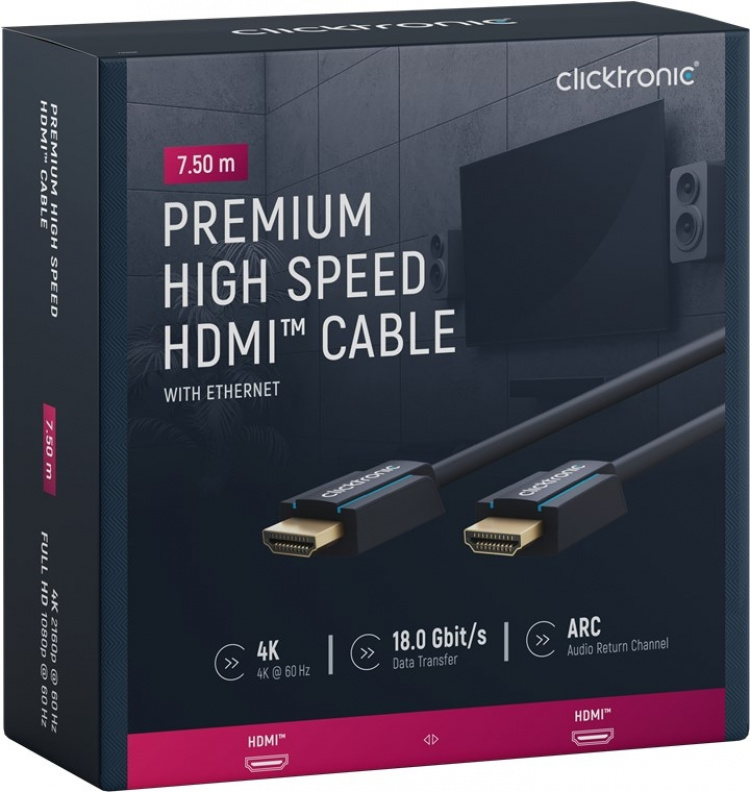 ClickTronic Højhastigheds HDMI™-kabel med Ethernet Premium-kabel | 1x HDMI™-stik 1x HDMI™-stik | 7,5 m | UHD 4K @ 60 Hz ClickTronic Højhastigheds HDMI™-kabel med Ethernet Premium-kabel | 1x HDMI™-stik 1x HDMI™-stik | 7,5 m | UHD 4K @ 60 Hz