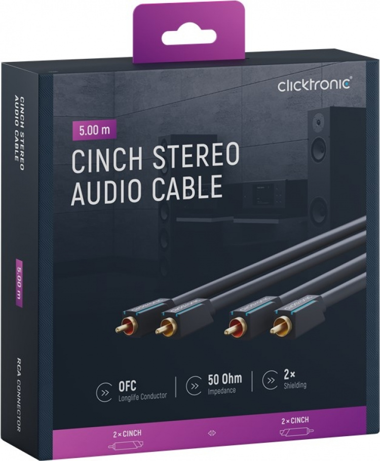 ClickTronic RCA-kabel, stereo Premiumkabel | 2x RCA plugg 2x RCA plugg | 5,0 m | OFC innerledare