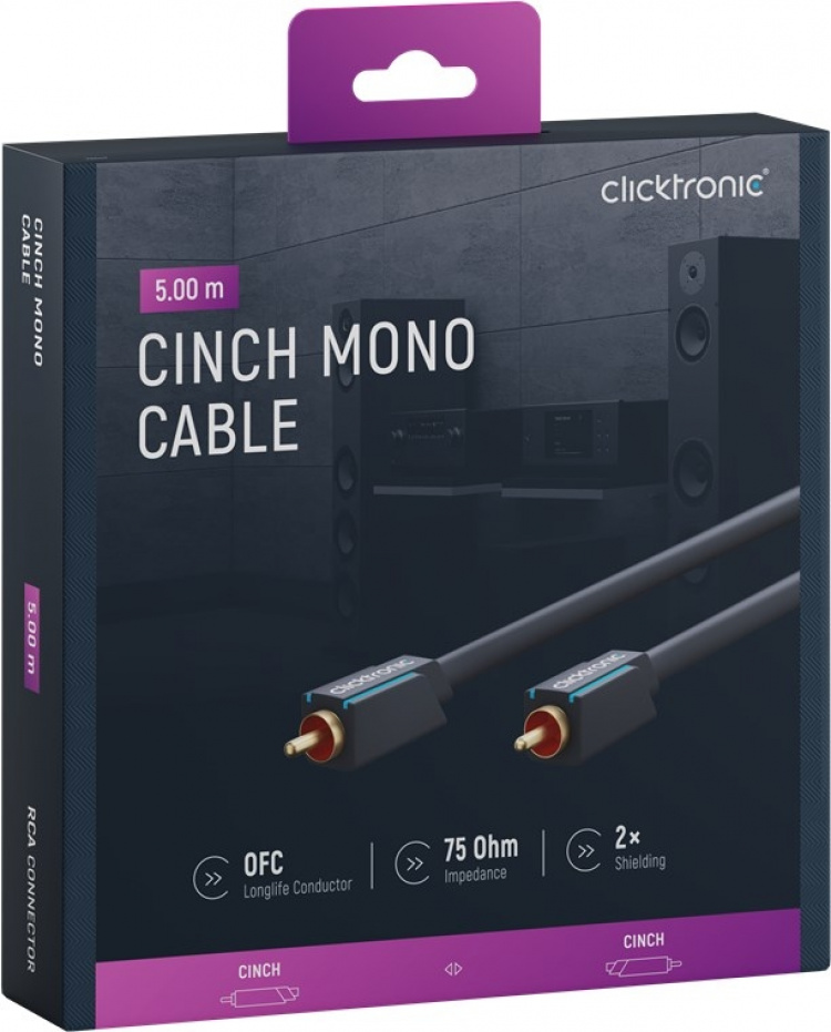 ClickTronic RCA-kabel, mono Premiumkabel | 1x cinch plug 1x cinch plug | 5,0 m | OFC innerledare