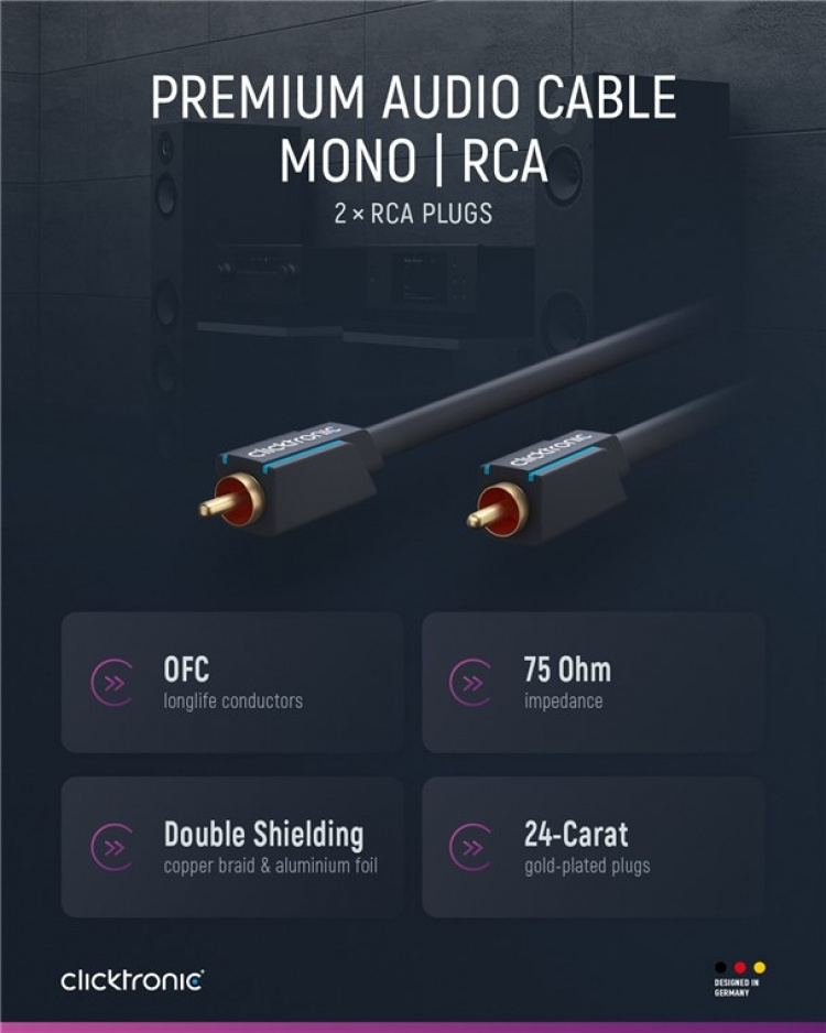 ClickTronic RCA-kabel, mono Premiumkabel | 1x cinch plug 1x cinch plug | 5,0 m | OFC innerledare