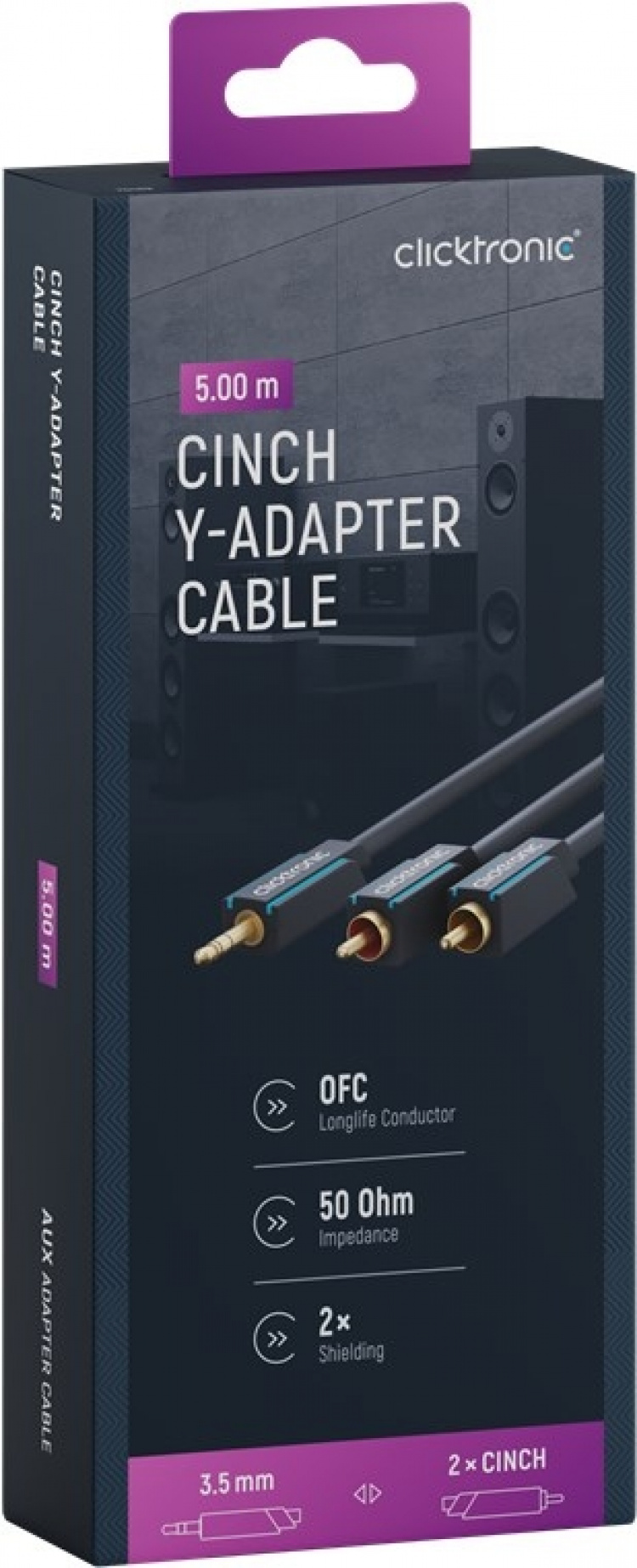 ClickTronic 3,5 mm AUX till RCA-adapterkabel, stereo Premiumkabel | 1x 3,5 mm jackkontakt 2x cinchkontakt | 5,0 m | OFC innerledare