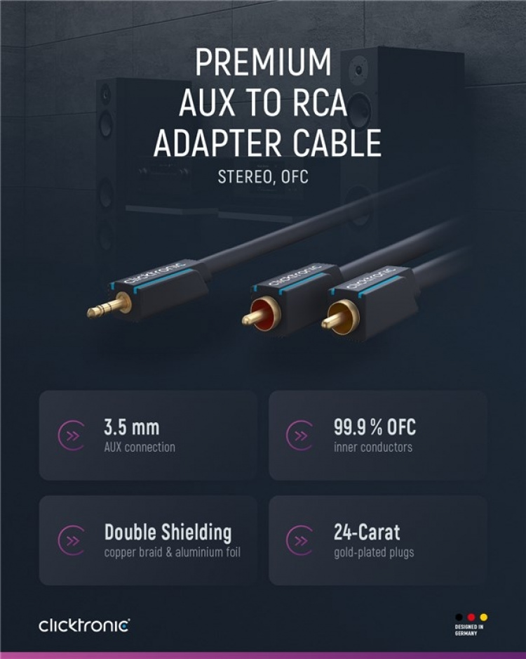 ClickTronic 3,5 mm AUX till RCA-adapterkabel, stereo Premiumkabel | 1x 3,5 mm jackkontakt 2x cinchkontakt | 5,0 m | OFC innerledare