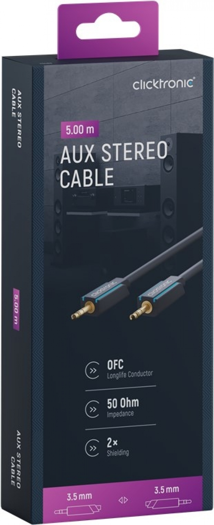 ClickTronic 3,5 mm AUX-kabel, stereo Premiumkabel | 1x 3,5 mm jackplugg 1x 3,5 mm jackplugg | 5,0 m | OFC innerledare