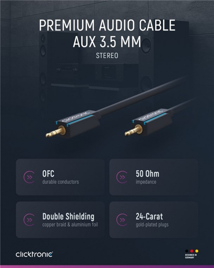 ClickTronic 3,5 mm AUX-kabel, stereo Premiumkabel | 1x 3,5 mm jackplugg 1x 3,5 mm jackplugg | 5,0 m | OFC innerledare