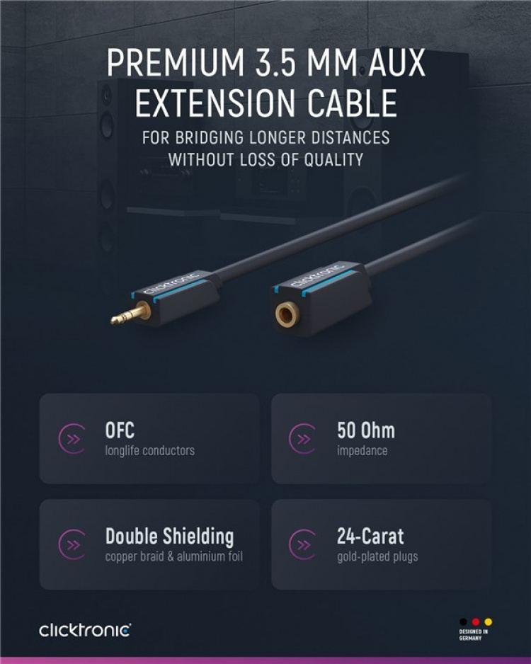 ClickTronic 3,5 mm AUX-förlängningskabel, stereo Premiumkabel | 1x 3,5 mm jackkontakt 1x 3,5 mm jackkontakt | 1,5 m | OFC innerledare ClickTronic 3,5 mm AUX-förlängningskabel, stereo Premiumkabel | 1x 3,5 mm jackkontakt 1x 3,5 mm jackkontakt | 1,5 m | OFC innerledare